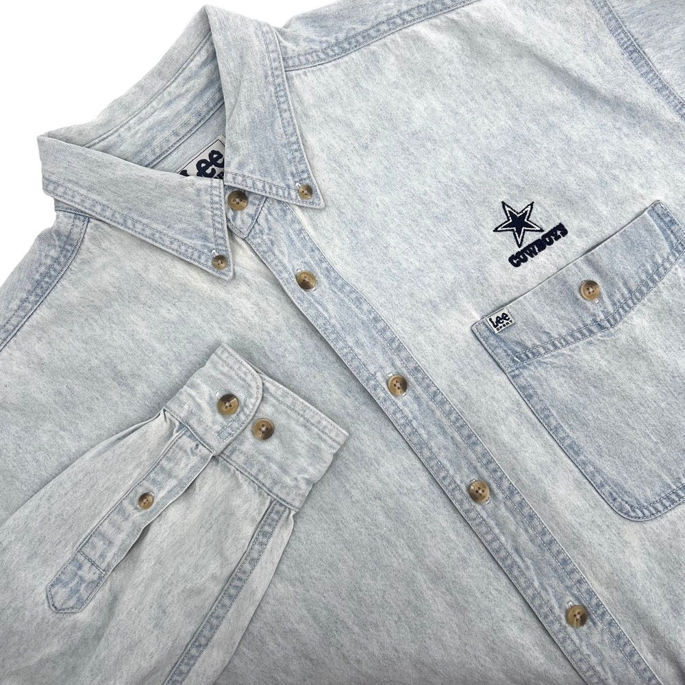 LEE SPORT Men's Sz L Vintage DALLAS COWBOYS Acid-Washed Denim Button-Down Shirt